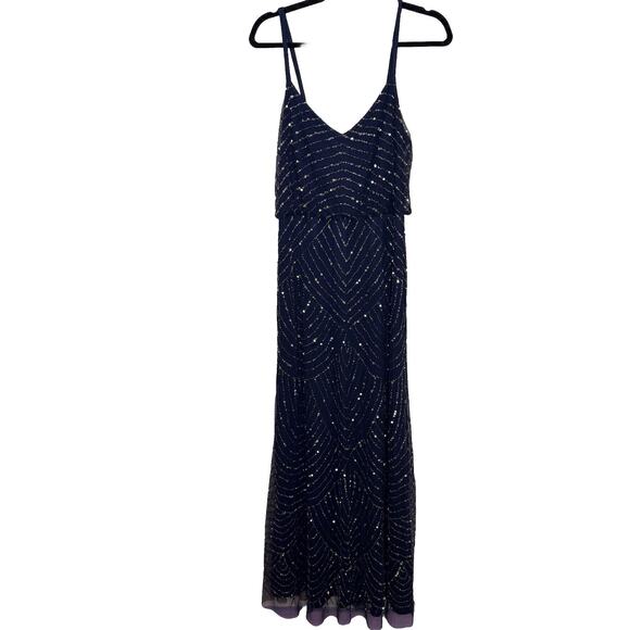 ADRIANNA PAPELL Navy Beaded Gown Embellished Slip Dress Fairy Whimsygoth Mesh 8 - Picture 2 of 8